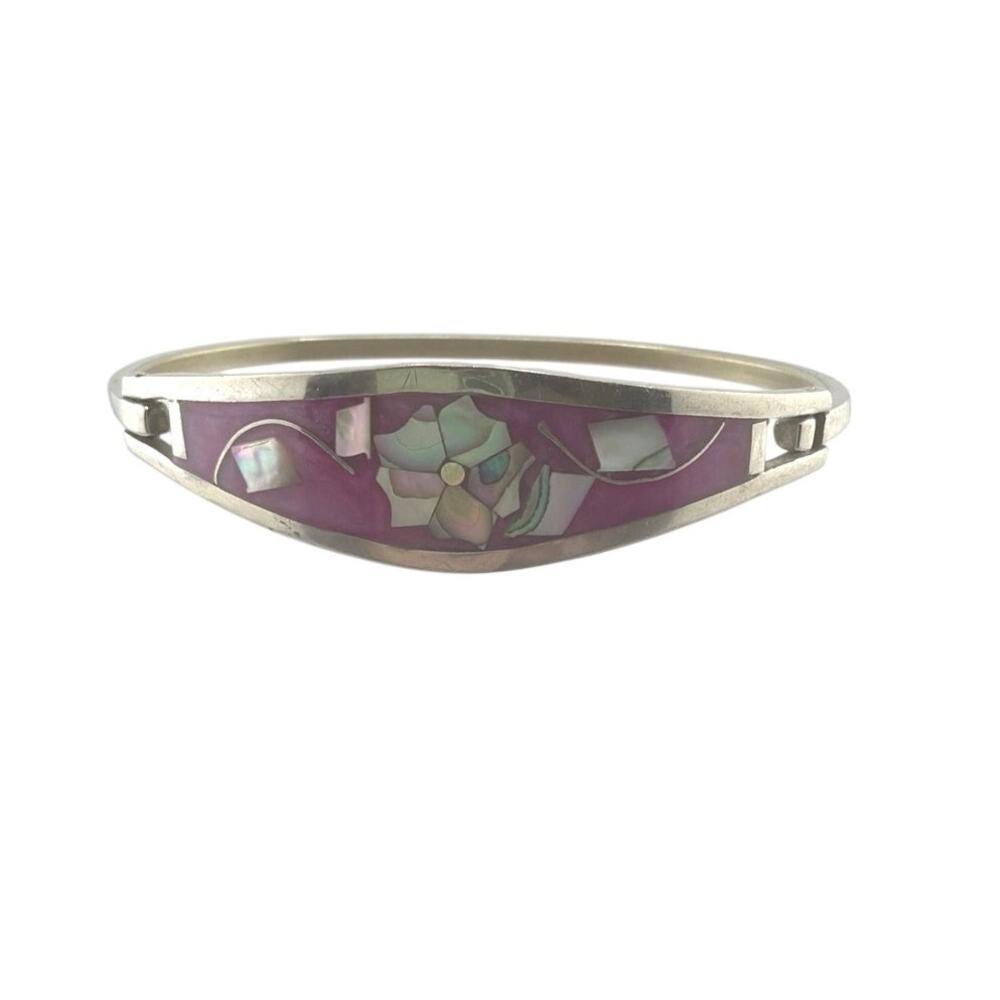 Vintage Mexican Alpaca Purple Enamel Abalone Floral Bangle Bracelet